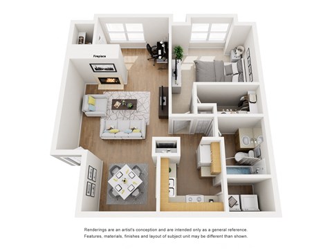 A floor plan of a small apartment with a kitchen, living room, and bedroom.